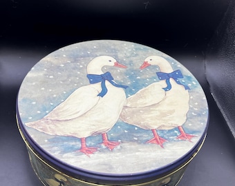 Vintage Blue Ribbon Bow Winter Snow Two Geese Round Tin