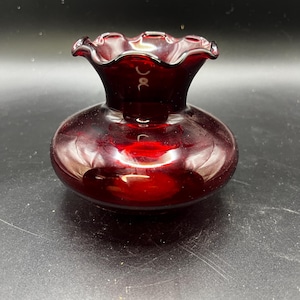 Vintage Anchor Hocking Ruby Red Glass Vase 3.5" Ruffled Rim Small Bud Vase