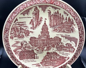 Vernon Kilns Illinois Souvenir Wahrzeichen Teller Red Lincoln Vintage Transferware