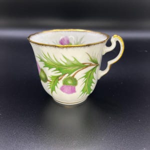 May include: A white teacup with a gold rim and handle, decorated with a thistle design. The thistle features purple flowers and green leaves. The cup is set against a dark background.