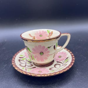 Vintage Gray's Pottery Kupfer Luster Mokkatasse & Untertasse Pink Daisy A8464