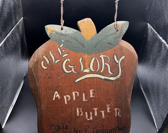 Letrero rústico de madera con forma de manzana "Ole Glory Apple Butter" (Mantequilla de manzana Ole Glory) - Estilo granja