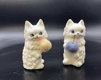 Vintage White Cats With Real Yarn Salt and Pepper Shakers