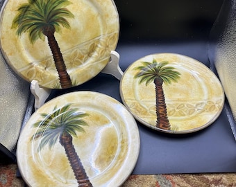 Set of 3 Bellagio Palm Tree handpainted palm tree 8.5" dinner plates by Tabletop