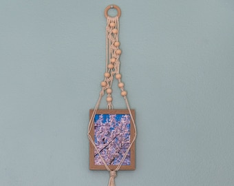 Macrame Frame Hanger I - Handmade with white jute and unfinished wooden beads; macrame hanger, macrame wall art, photograph, photo frame