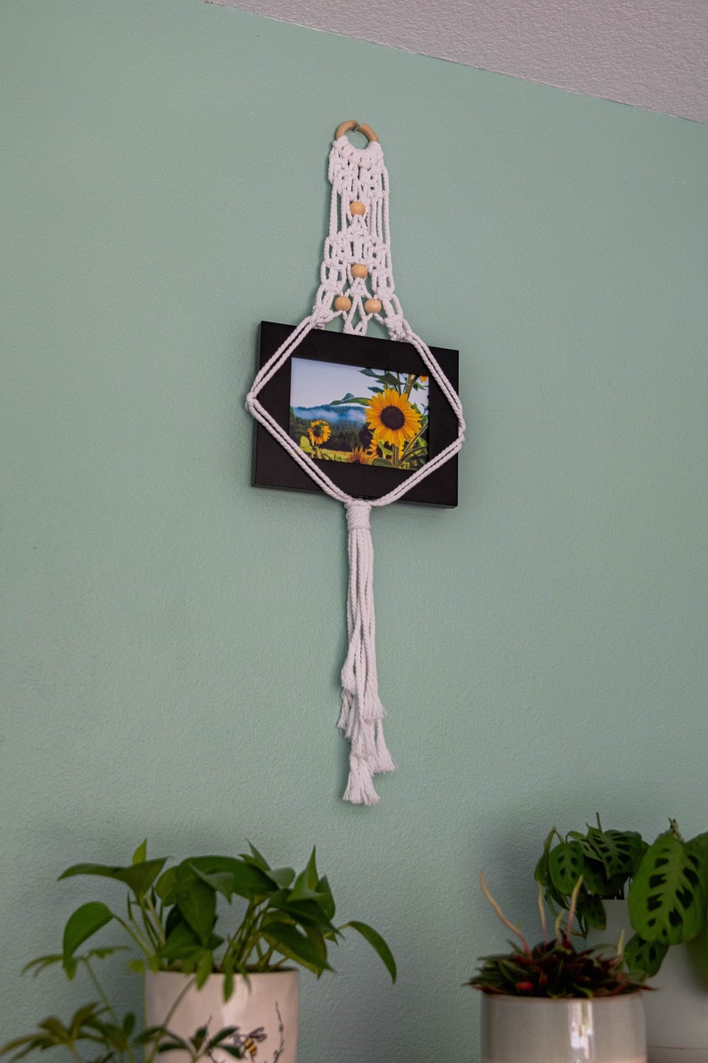 Macrame Frame Hanger II Handmade with white jute and wooden beads macrame hanger, macrame wall art, photograph, photo frame hanger image 3