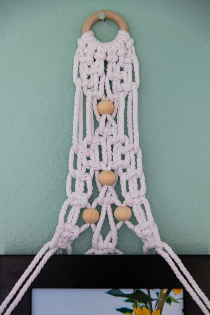 Macrame Frame Hanger II Handmade with white jute and wooden beads macrame hanger, macrame wall art, photograph, photo frame hanger image 2