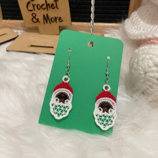 Santa Claus embroidered free standing earrings/Christmas/African American/Caucasian/ Christmas party/Handmade/USA made