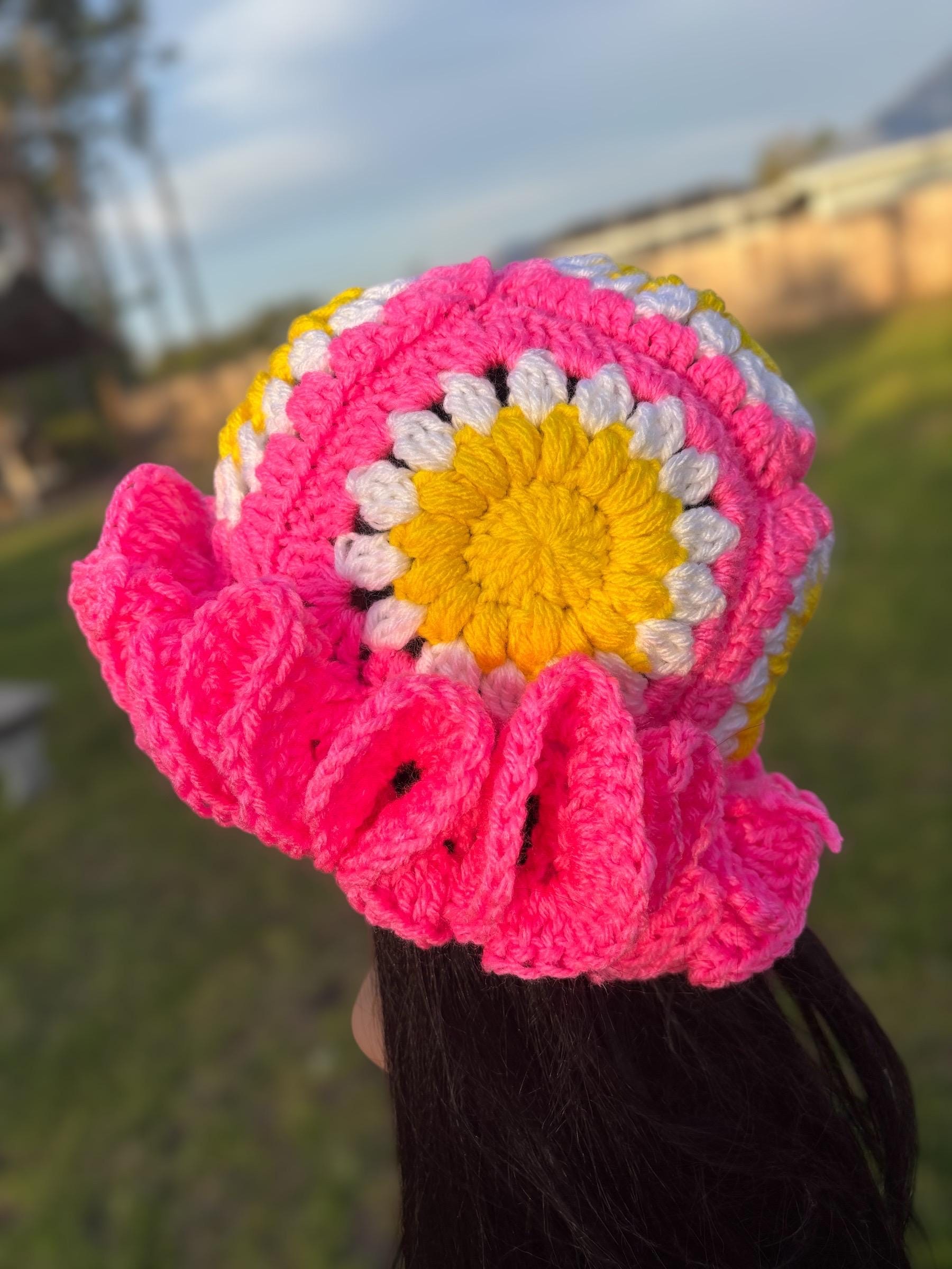 Crochet Ruffle Hat| Pink| Flowers| Granny Squares| Ruffles 