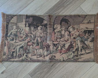 Vintage Italian Tapestry – Tavern Scene Wall Hanging – Made in Italy – 18x36 Textile Art