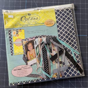 May include: A craft kit in a clear plastic sleeve labeled Options Monthly Kits, featuring a 12 Page Idea Book, a Daily Junque 12 Pocket Journal, and various ribbons in black, white, and teal. The packaging includes yellow and blue patterned paper.