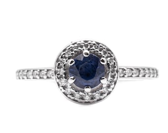 14 Karat White Gold Diamond Halo Sapphire Estate Engagement Ring