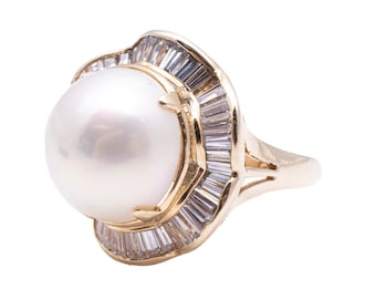 14 Karat Yellow Gold Pearl & Cubic Zirconia Statement Estate Ring