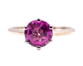 14 Karat Yellow Gold Lab Created Hot Pink Sapphire Solitaire Estate Ring