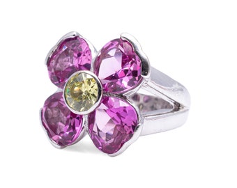 Sterling Silver Pink Sapphire & Yellow Cubic Zirconia Estate Statement Ring