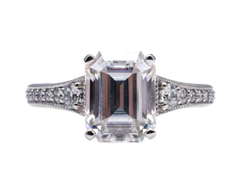 14 Karat White Gold Diamond & Emerald-Cut Moissanite Wedding Estate Ring