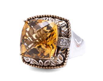 18 Karat Yellow Gold & Sterling Silver Citrine with Diamonds Cocktail Estate Ring