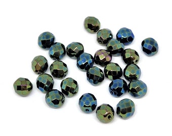 8mm Fire Polish - Green Iris  25 loose beads
