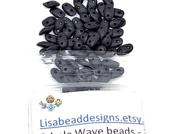 Wave beads, 2-Hole - Matte Black - 5 grams