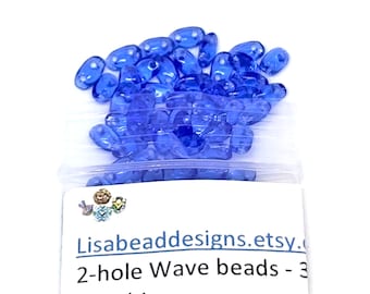 Wave beads, 2-Hole - Sapphire - 5 grams