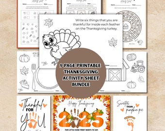 May include: A collection of nine printable Thanksgiving activity sheets. The sheets include mazes, coloring pages, and writing prompts. The bundle features a turkey, pumpkins, and the text "Happy Thanksgiving".