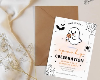 May include: A Halloween-themed invitation with a cartoon ghost holding a lollipop, bats, and spiderwebs. The invitation reads "spooky celebration" and includes party details. A brown envelope is behind the invitation.