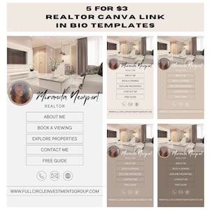 May include: Five social media templates for real estate agents. Each template features a photo of a modern home interior, a headshot of a realtor, and a call to action with the realtor's name, "Miranda Newport", and website, "www.fullcircleinvestmentsgroup.com".