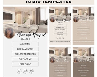 Puede incluir: Cinco plantillas de redes sociales para agentes inmobiliarios. Cada plantilla presenta una foto de un interior de casa moderno, una foto de un agente inmobiliario y una llamada a la acción con el nombre del agente inmobiliario, "Miranda Newport", y el sitio web, "www.fullcircleinvestmentsgroup.com".