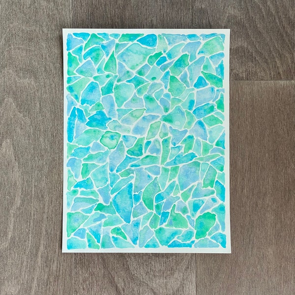 Original Sea Glass Abstract Watercolor Painting - Blue & Green