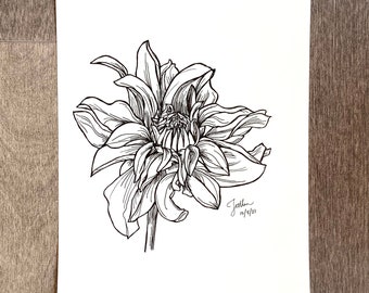 Hand Drawn Swirling Dahlia - Original Floral Ink Drawing