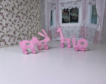 Dollhouse props, plywood miniature animal, 4 pcs in a set. Painted in pink