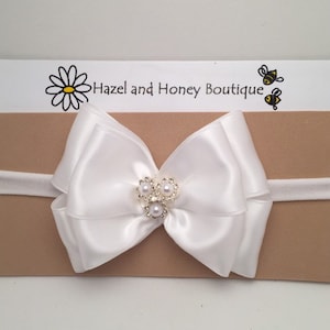 White Satin Baptism Headband with Pearls