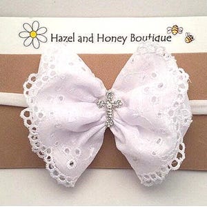 White Eyelet Infant Headband with Rhinestone Cross
