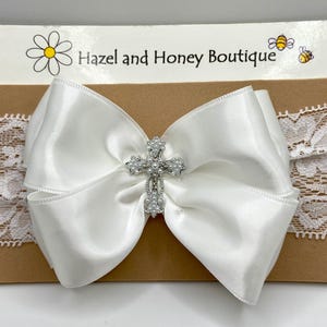 White Satin Baptism Bow with Silver Cross