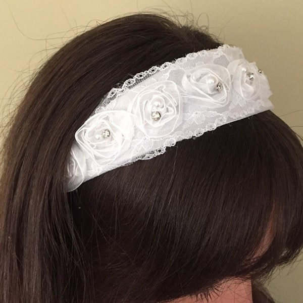 White Organza Roses with Pearls and Rhinestones Flower Girl/ Communion Headband