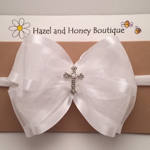 White Organza & Satin Baptism Headband with Cross