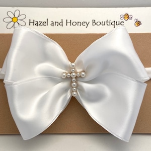 White Satin Baptism Headband with Pearl Cross