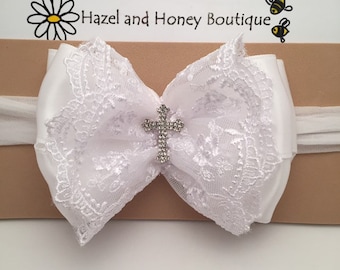 White Satin & Lace Baptism Headbandband with cross