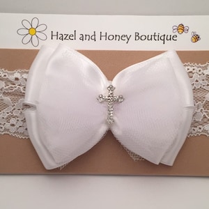White Baptism Headband with Cross