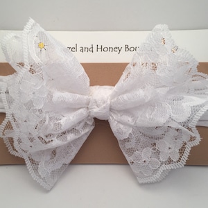 White Lace Baptism Bow with Nylon Headband