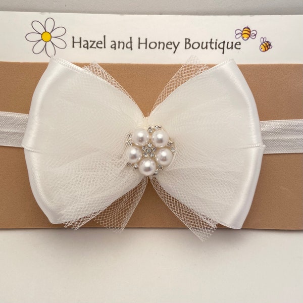 Off White Tulle and Satin Infant Headband with Pearl and Rhinestone Embellishment