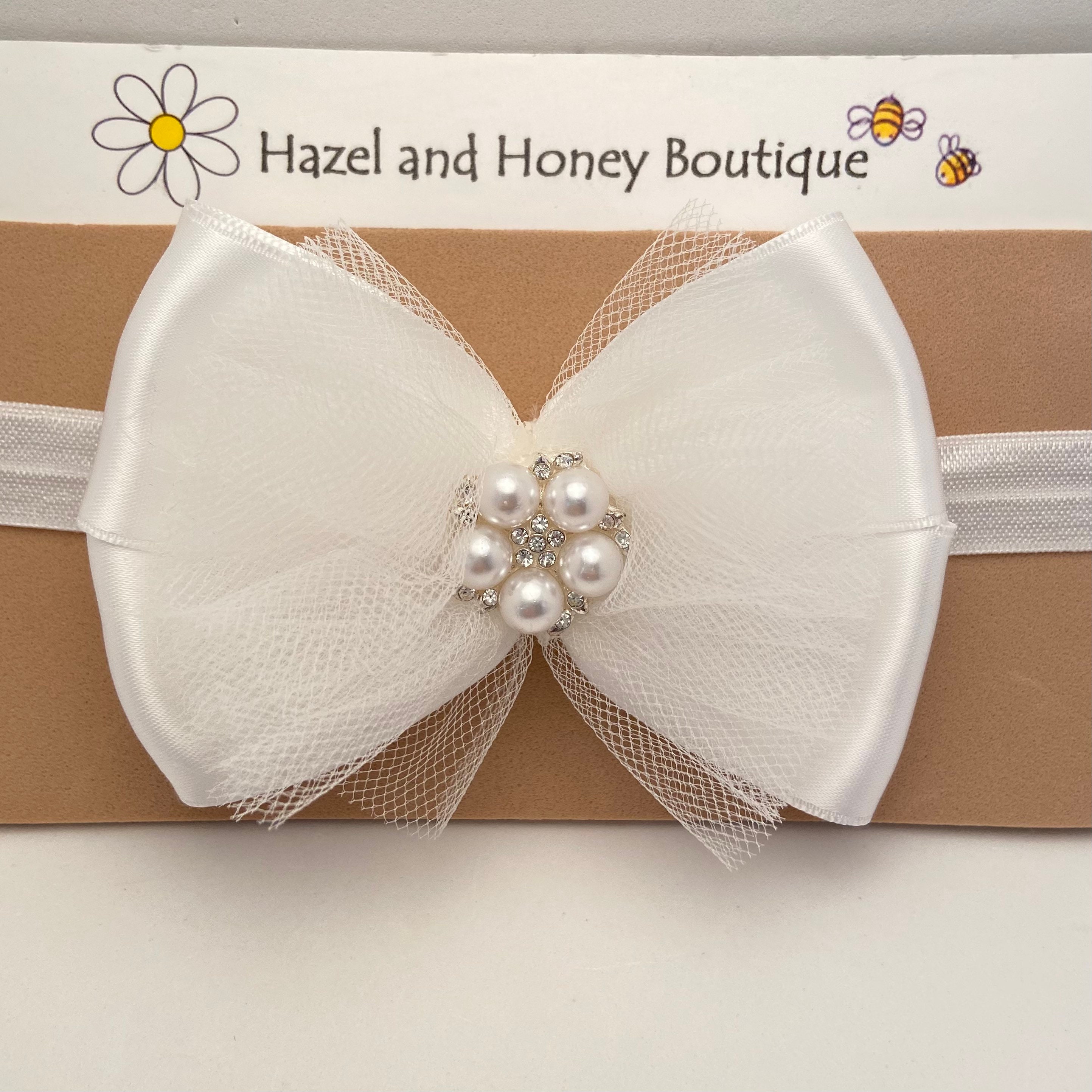 KP Accessories Long Tail Tulle Bow Hair Clip with Scattered Pearls, Flower Girls Bow White