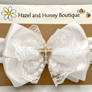 White Satin and Lace Baptism Headband with Pearl Cross