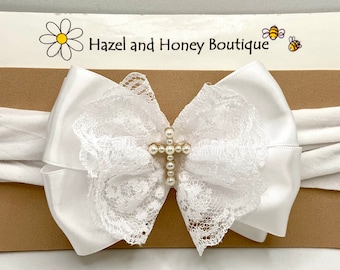 White Satin and Lace Baptism Headband with Pearl Cross