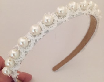 Ivory Lace and Pearl Flower Girl, Communion, Special Occasion Headband