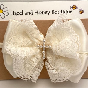 Ivory Lace & Satin Baptism Headband with Pearl Cross