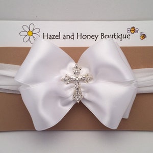 White Satin Baptism Bow with Cross