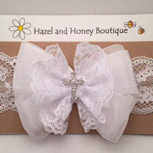 White Lace, Organza and Satin Baptism Headband with Rhinestone Cross