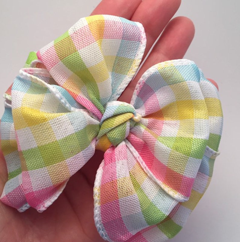 Pink Plaid Hair Bow with nylon headband