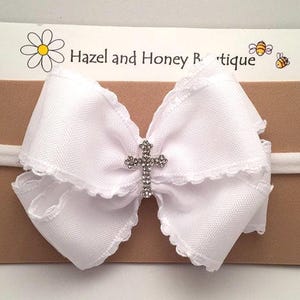 White Cotton Ribbon Baptism Bow with Cross
